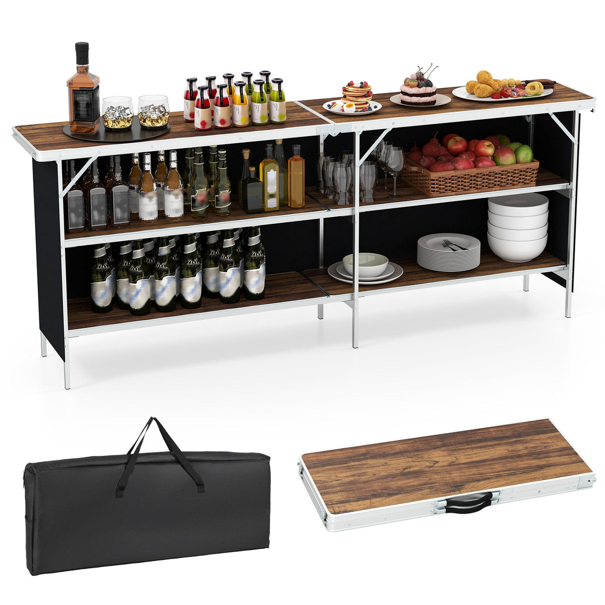 Mesa de pícnic portátil de aluminio con estantes abiertos de 2 niveles y tablero espacioso