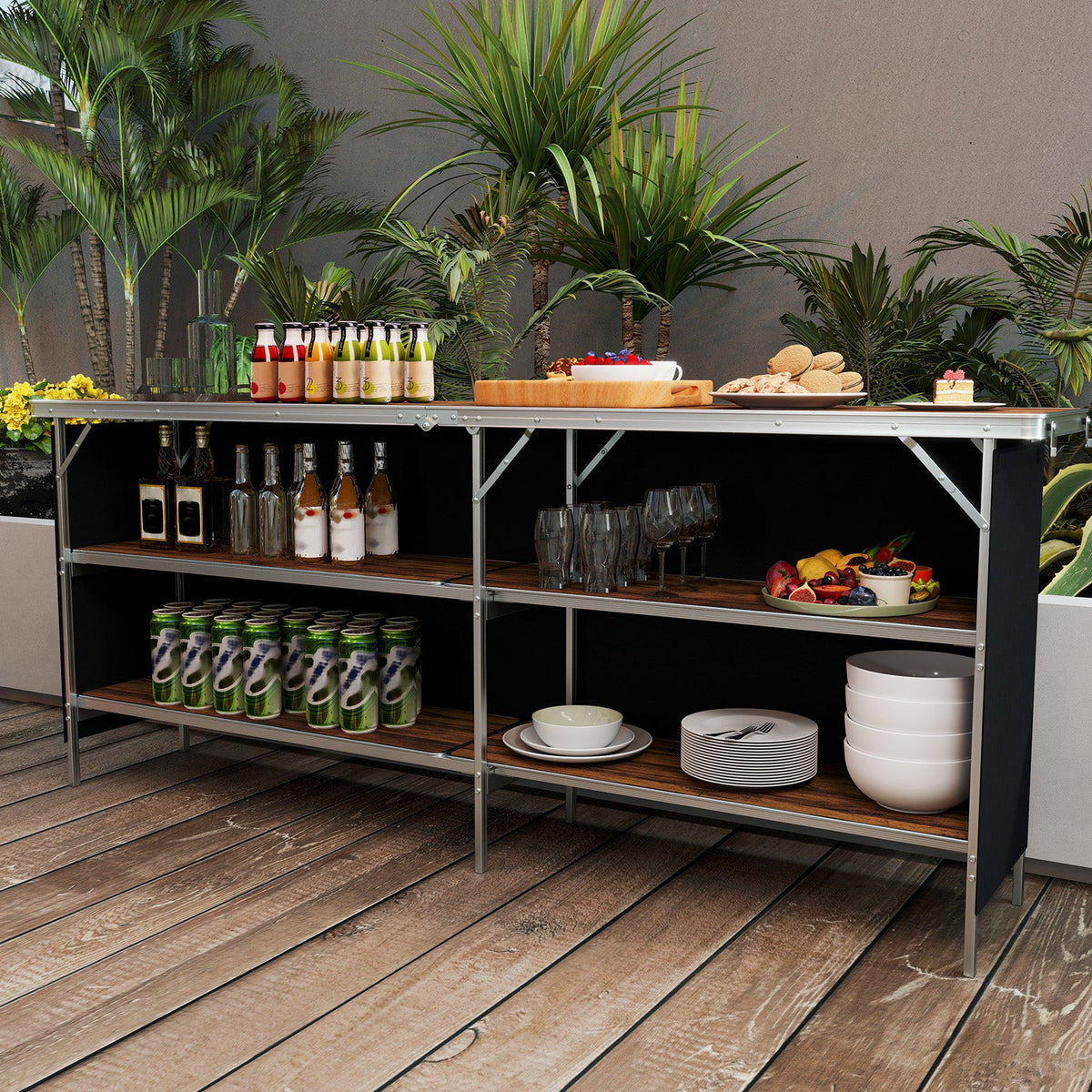 Mesa de pícnic portátil de aluminio con estantes abiertos de 2 niveles y tablero espacioso