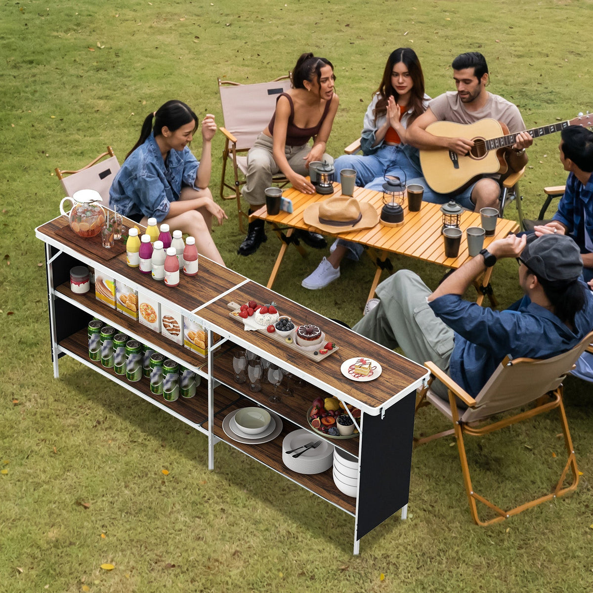 Mesa de pícnic portátil de aluminio con estantes abiertos de 2 niveles y tablero espacioso