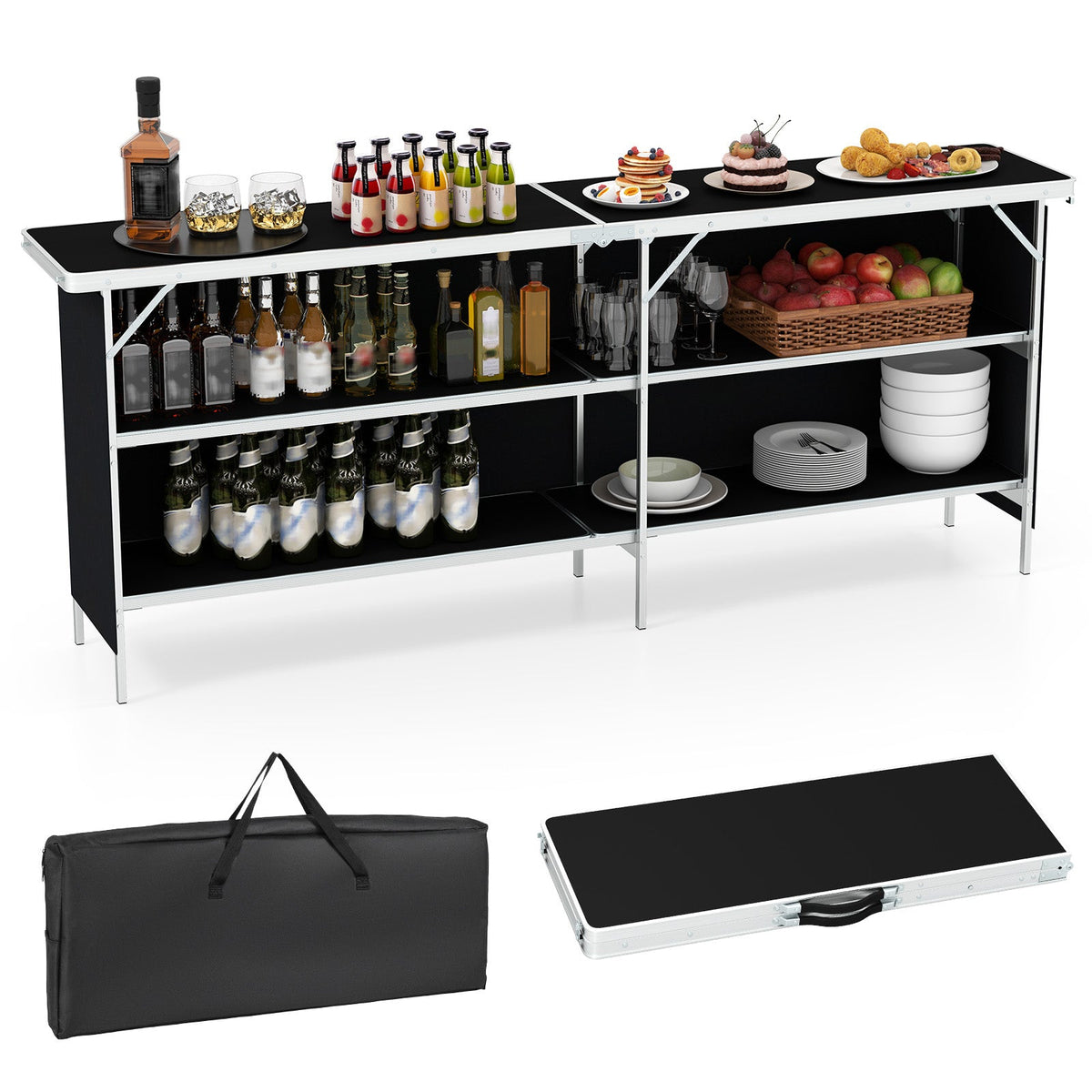 Mesa de pícnic portátil de aluminio con estantes abiertos de 2 niveles y tablero espacioso