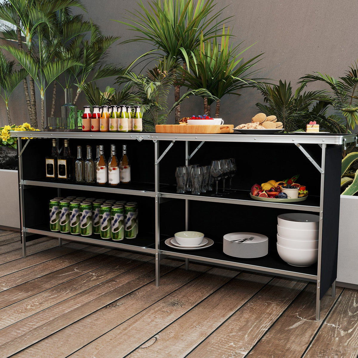 Mesa de pícnic portátil de aluminio con estantes abiertos de 2 niveles y tablero espacioso