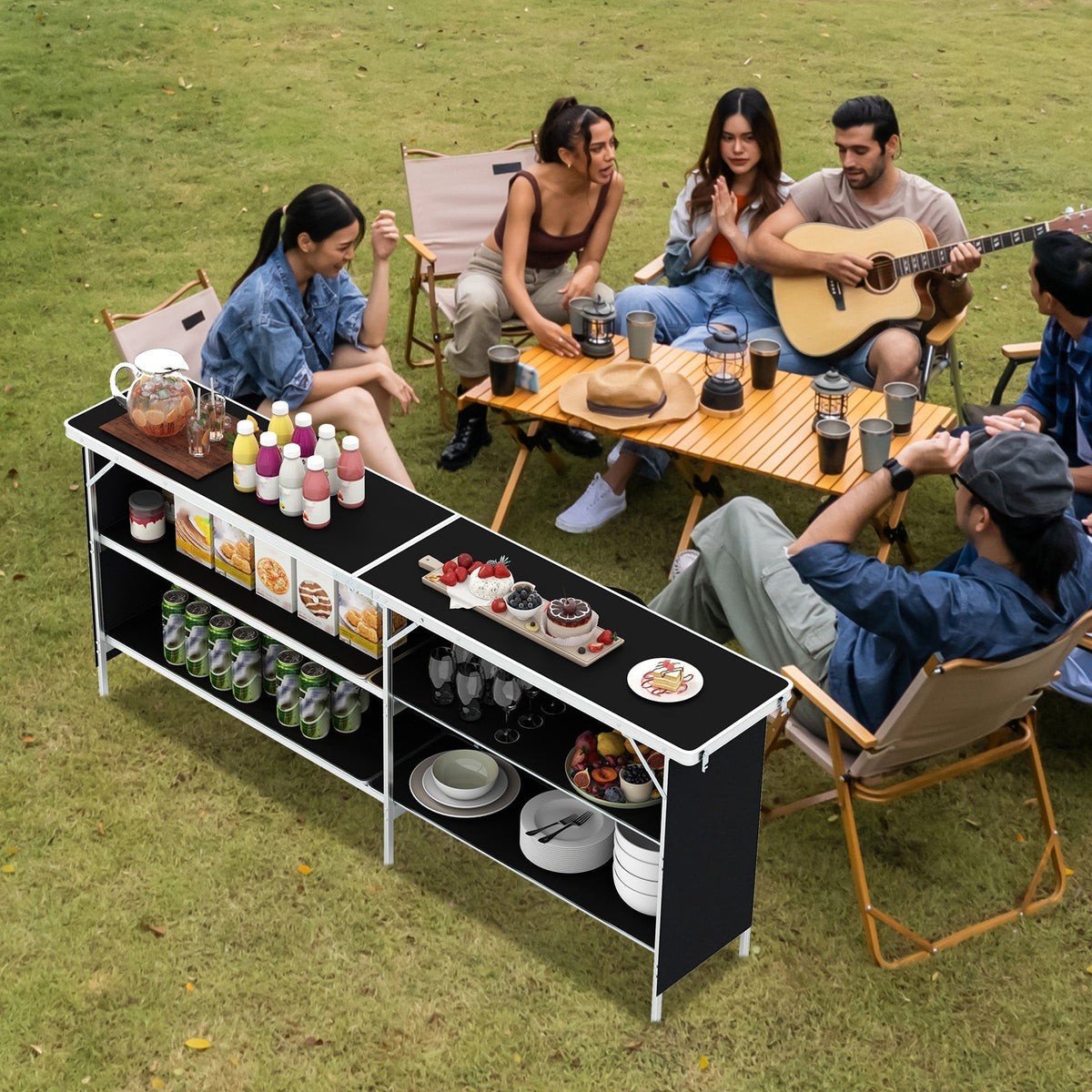 Mesa de pícnic portátil de aluminio con estantes abiertos de 2 niveles y tablero espacioso