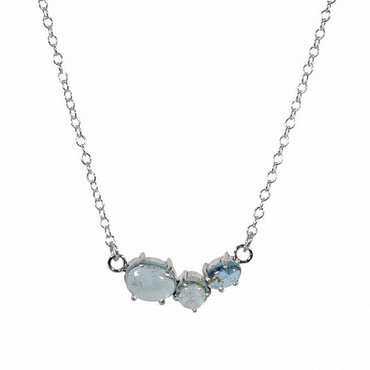Aquamarine Sterling Silver Necklace 3 Stone Pendant