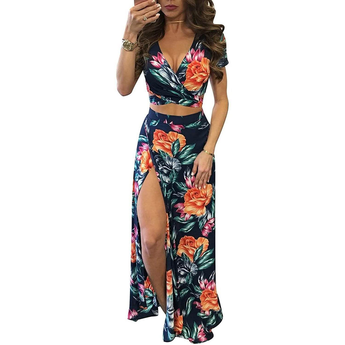 Vestido largo de dos piezas Aro Lora para mujer, sexy, con cuello en V, estampado floral y abertura lateral