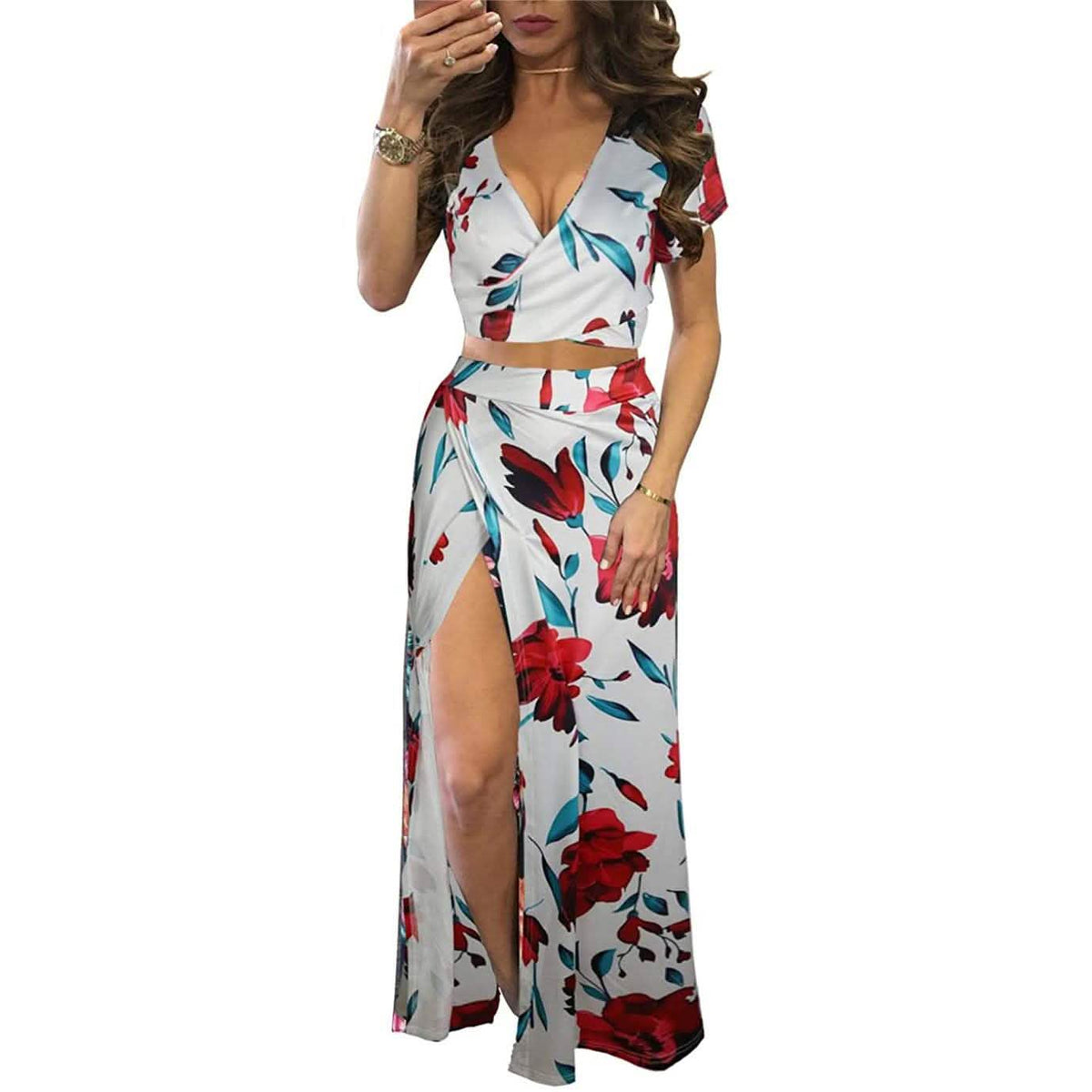 Vestido largo de dos piezas Aro Lora para mujer, sexy, con cuello en V, estampado floral y abertura lateral