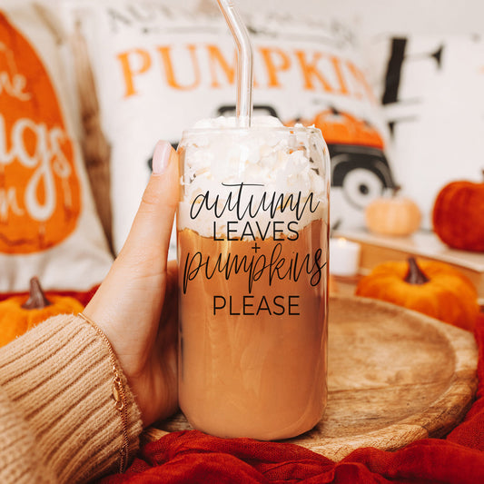 Autumn Leaves 20oz Glass Tumbler With Bamboo Lid, 2 Stainless Straws & Cleaner