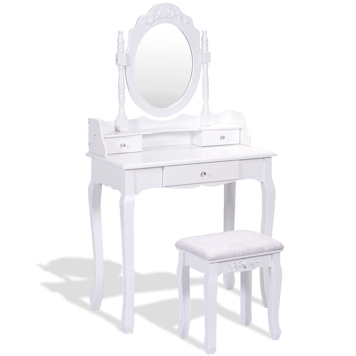 Vanity Table Set with Cushioned Stool with 360¬∞ Rotating Oval Mirror and Three Drawers-White