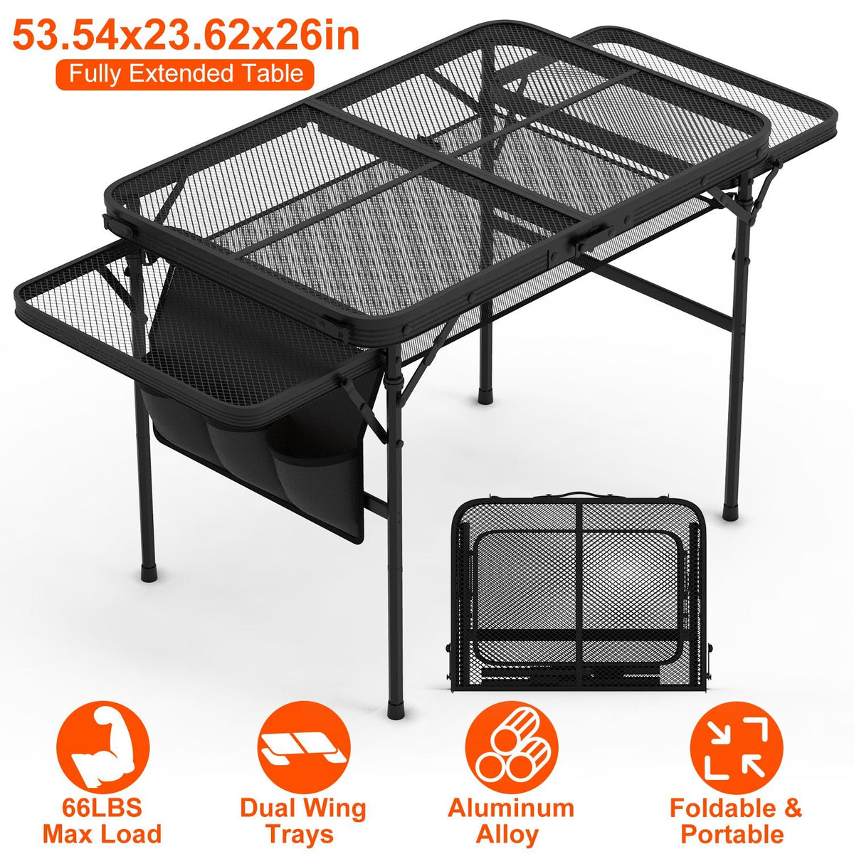 Foldable Camping Table Collapsible Picnic Aluminum Alloy Grill Stand BBQ Table with 66LBS Max Load Adjustable Height 2 Side Wing Trays Storage Net