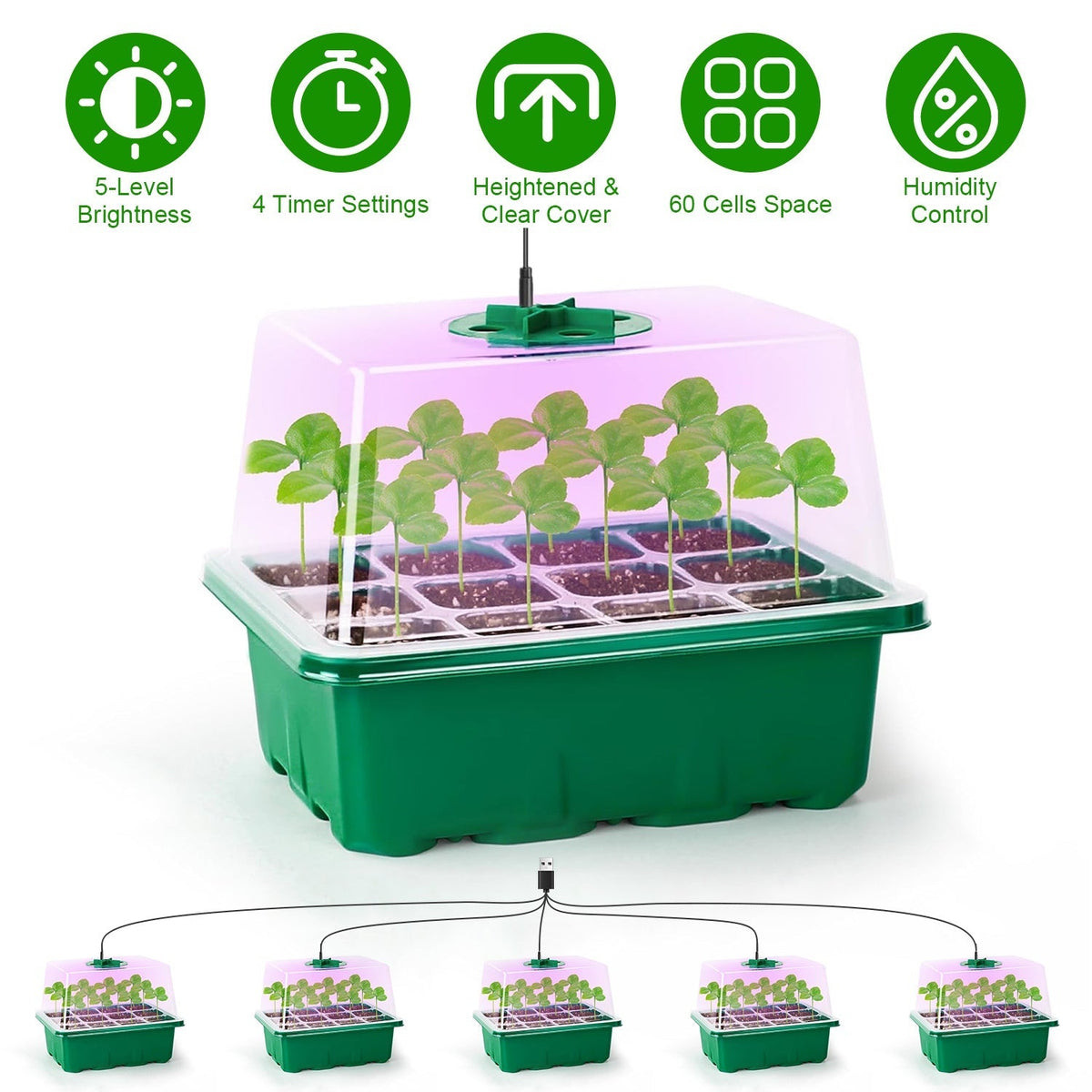 5Packs Seed Starter Tray With Grow Light Humidity Dome Germination Kit with 5-Level Brightness 4 Timers for Indoor Greenhouse