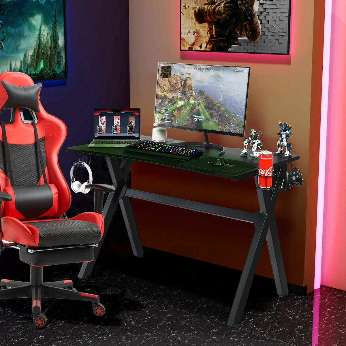 Escritorio de juegos ergonómico con alfombrilla para ratón y soporte para auriculares y vasos