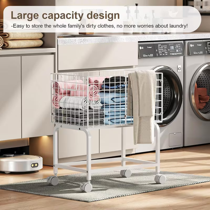 Metal Wire Rolling Laundry Hamper Cart with Pull Handle