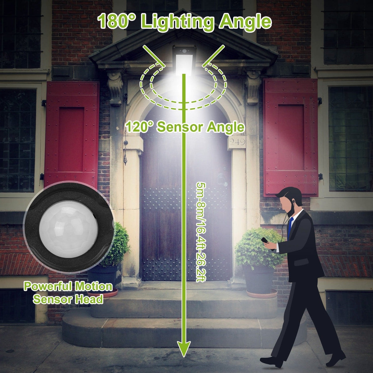 Solar Wall Light Outdoor 60LEDs PIR Motion Sensor Remote Control Wireless Lamps IP65 Waterproof Lighting for Garage Front Door Garden Pathway
