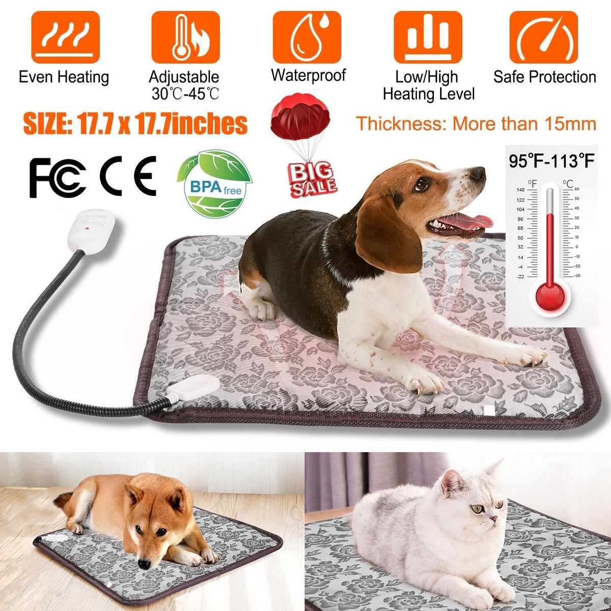 Pet Heating Pad Dog Cat Electric Heating Mat Waterproof Adjustable Warming Blanket with Chew Resistant Steel Cord Case