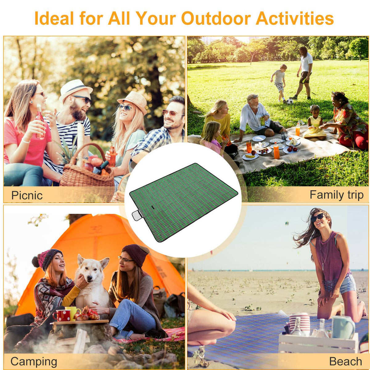 Manta de picnic impermeable de 60" x 78", alfombra plegable para acampar con correa, ideal para camping, senderismo, césped y viajes
