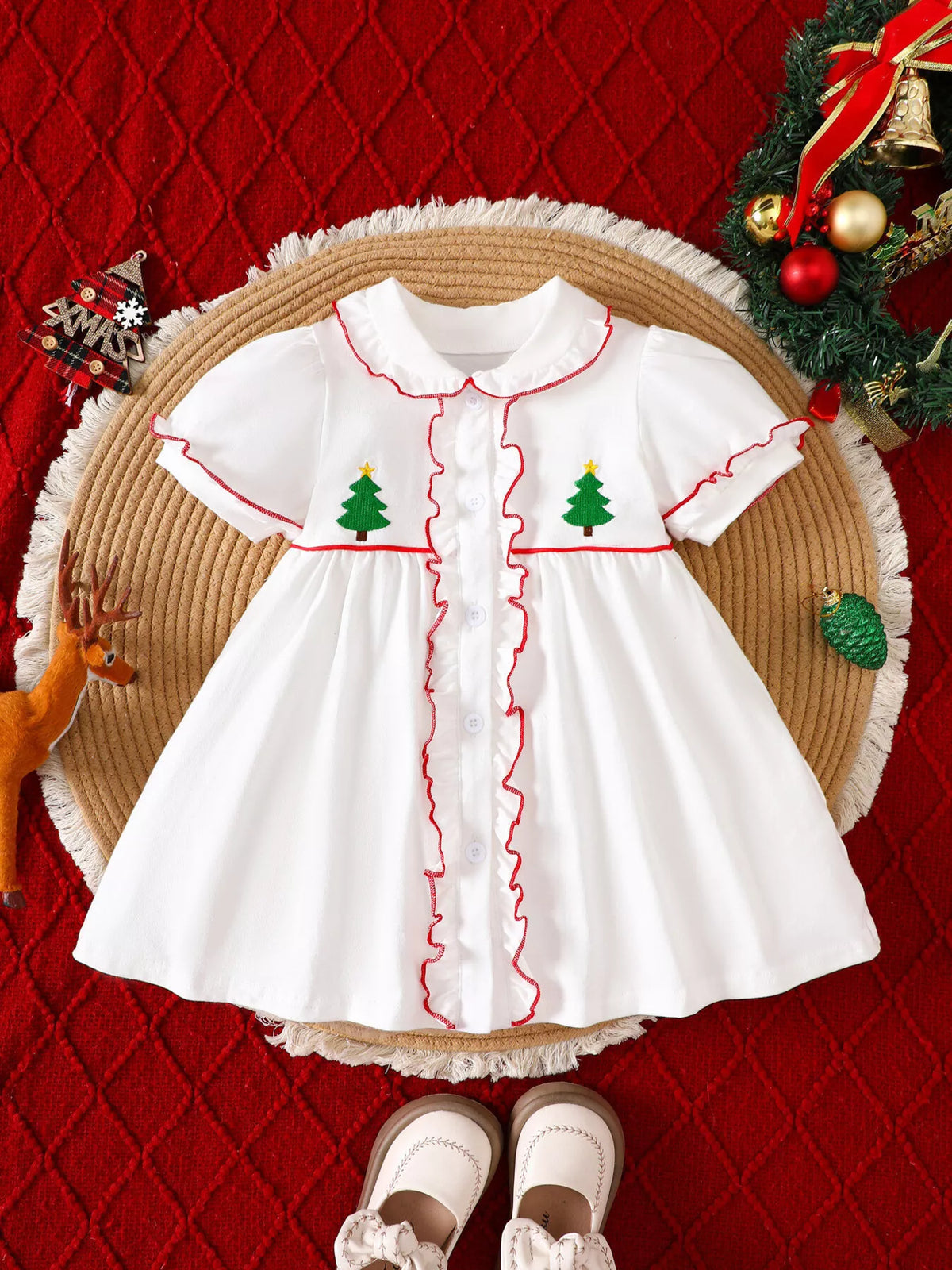 Children's Christmas Tree Embroidered Ruffle Trim Dress