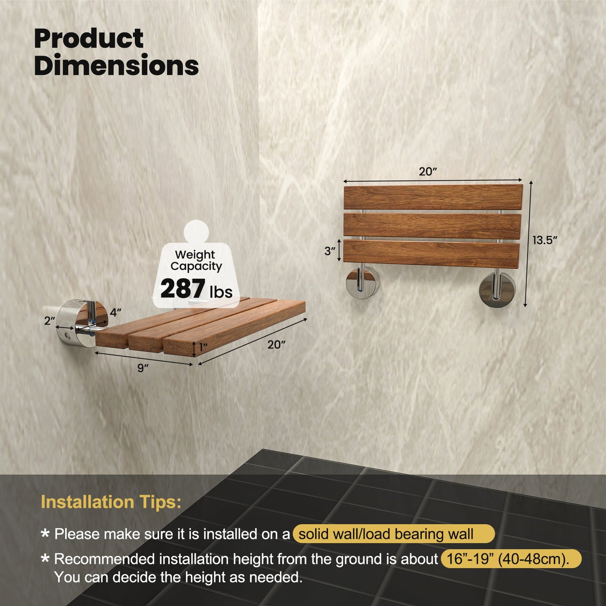 20 Inch Wall Mounted Teak Wood Folding Shower Bath Seat