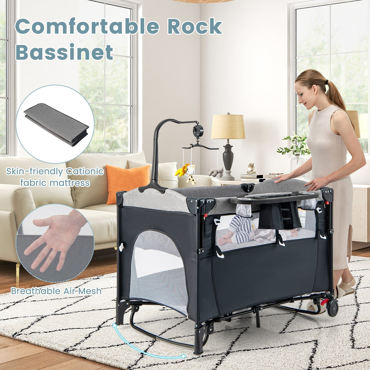 Centro de guardería 5 en 1 para bebés, cuna plegable para cama de bebé con caja de música