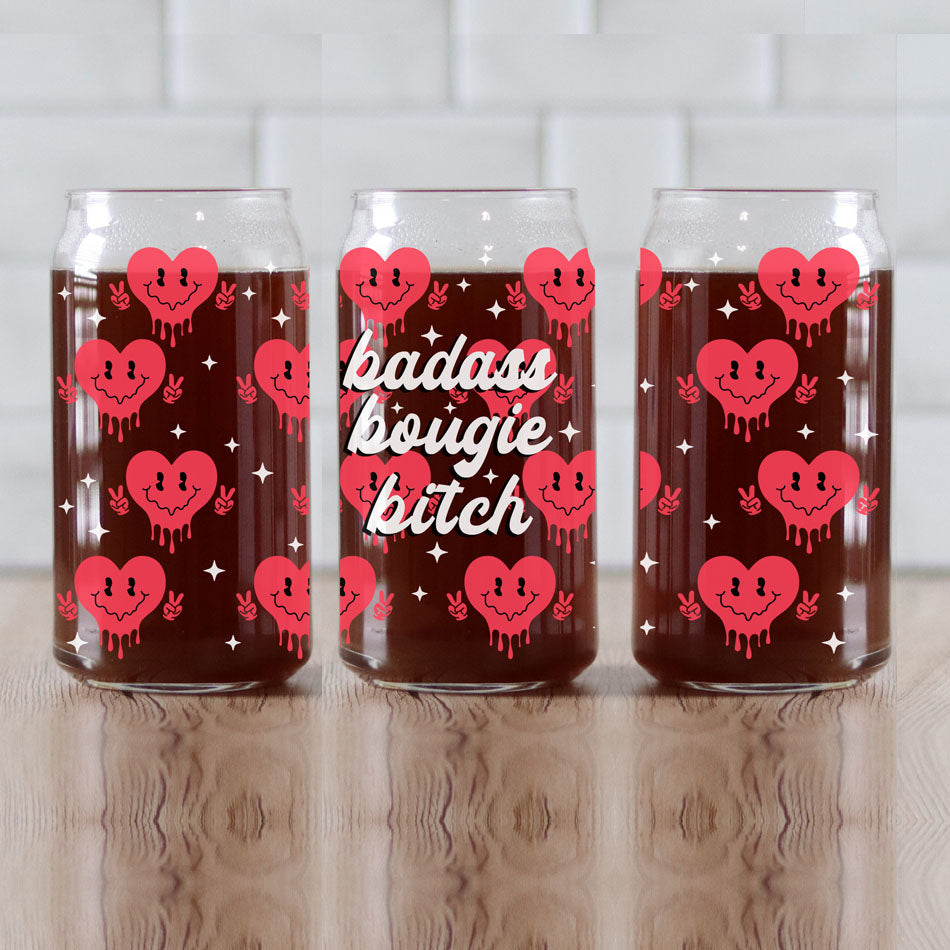 Badass Bougie 20oz Glass Cup With Bamboo Lid Funny Smiley Heart Design