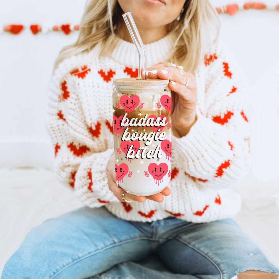 Badass Bougie 20oz Glass Cup With Bamboo Lid Funny Smiley Heart Design