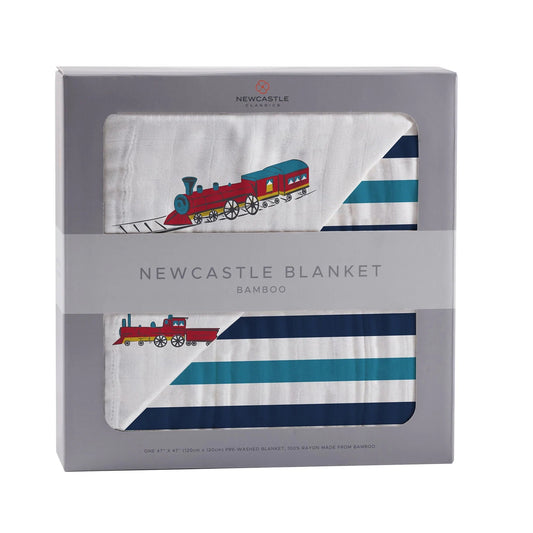 Bamboo Muslin Baby Blanket Vintage Train Blue Stripes