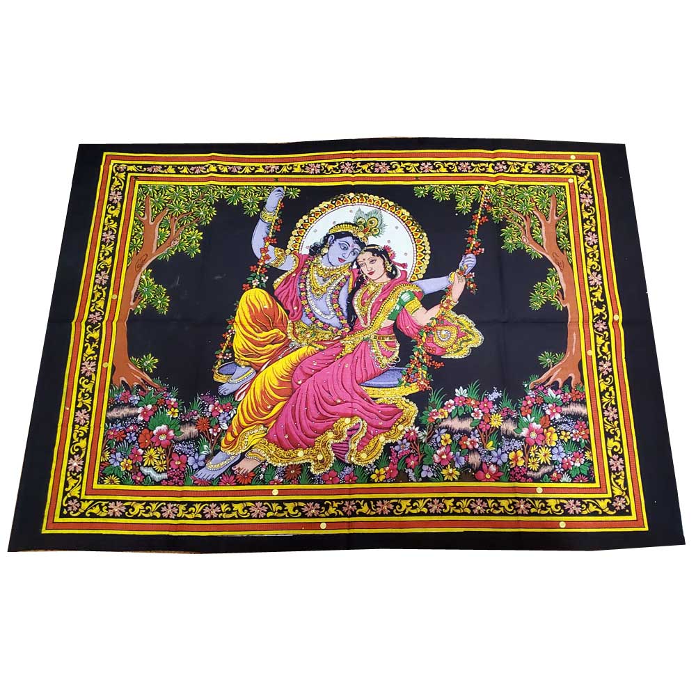 Krishna Wall Art Black Handpainted Cloth Banner Sequin