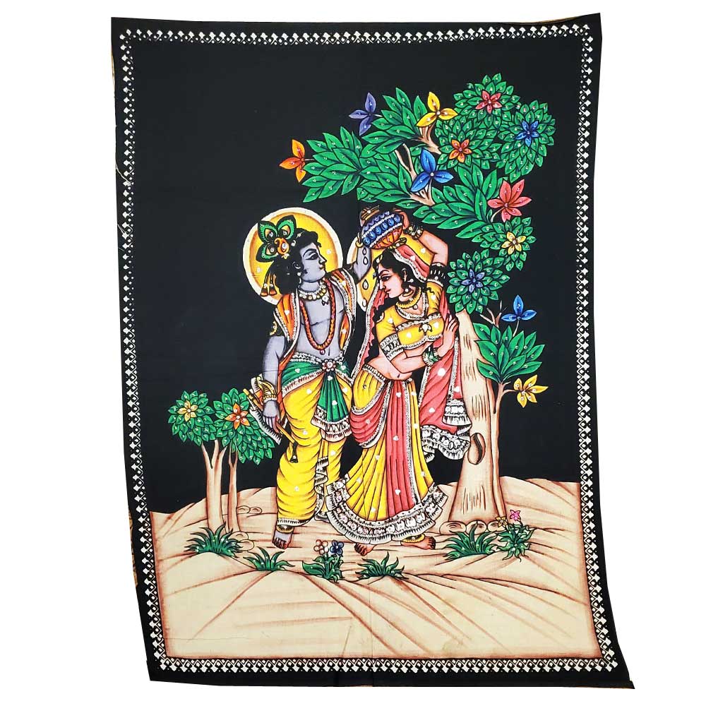 Krishna Wall Art Black Handpainted Cloth Banner Sequin