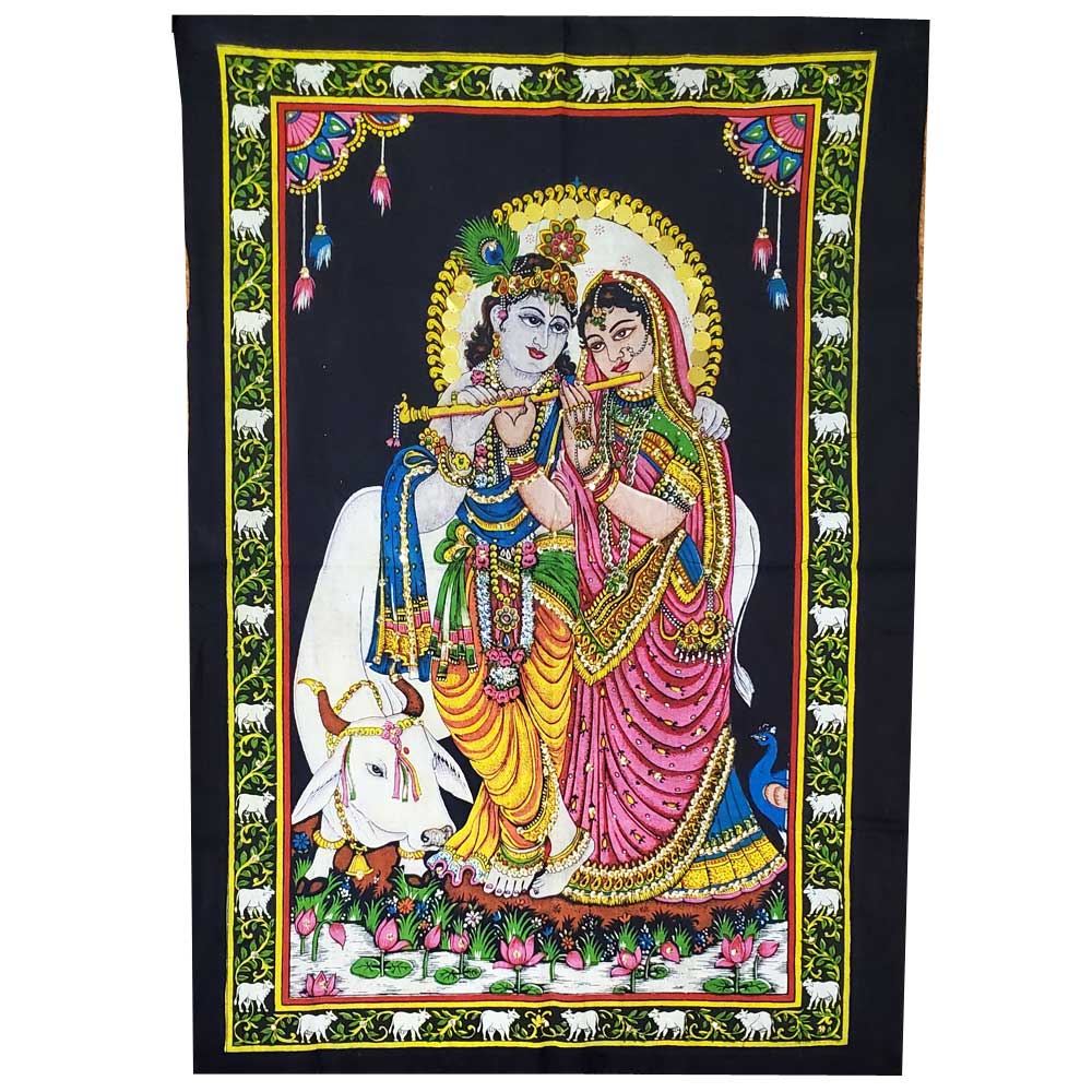 Krishna Wall Art Black Handpainted Cloth Banner Sequin
