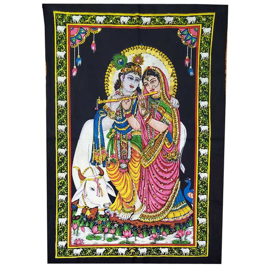 Krishna Wall Art Black Handpainted Cloth Banner Sequin