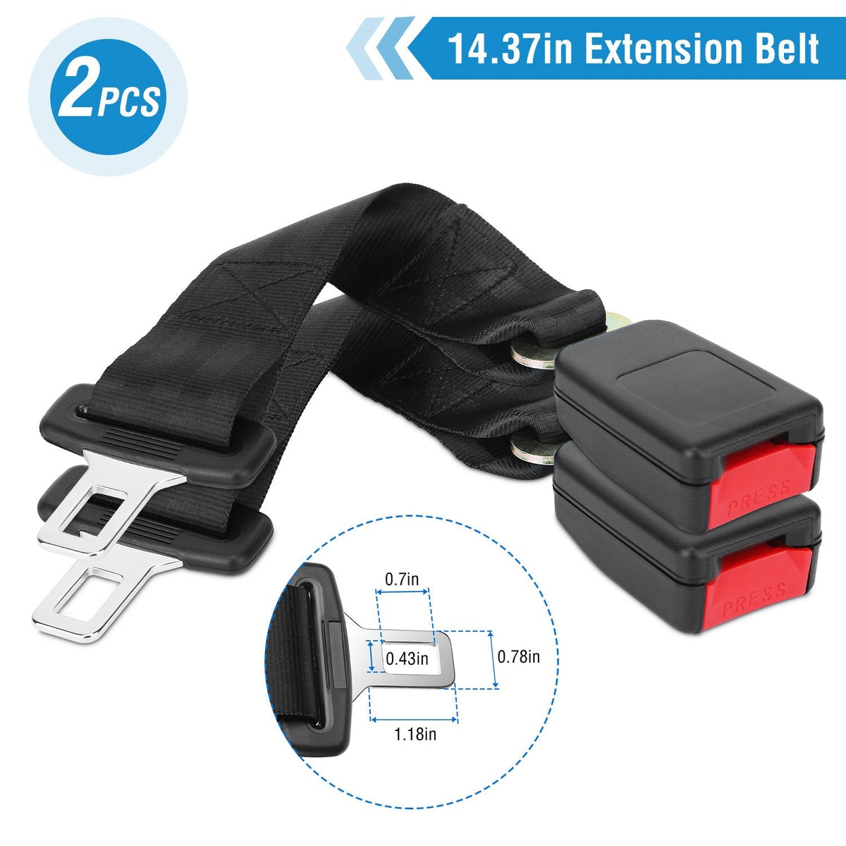 2Pcs Car Seat Belt Extender 14.37in Buckle Tongue Webbing Extension Safety Belt Auto Belt Clip Lengthening
