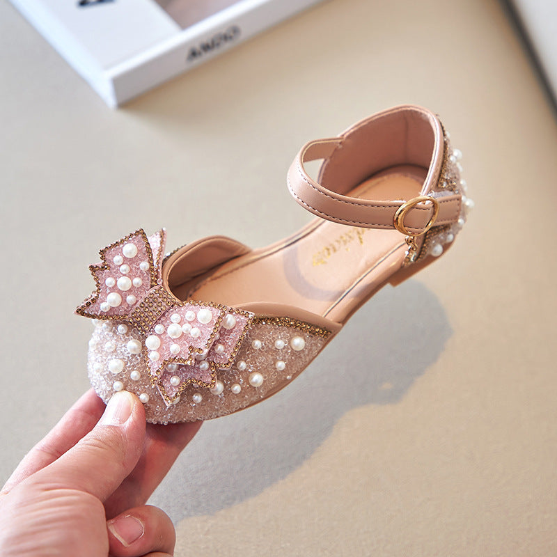 Summer Girls Pearl Bow Princess Shallow Mouth Pumps