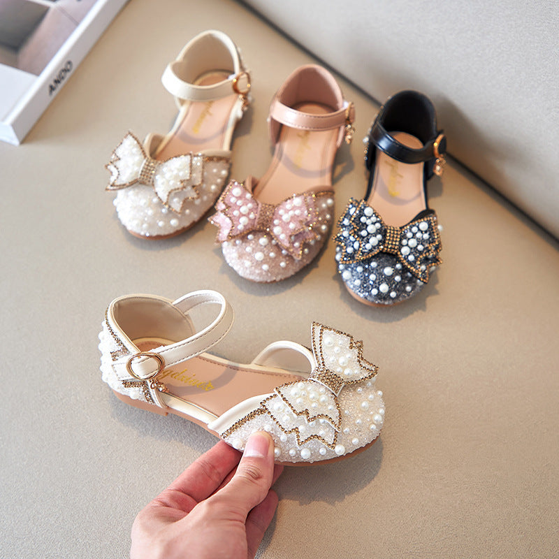 Summer Girls Pearl Bow Princess Shallow Mouth Pumps