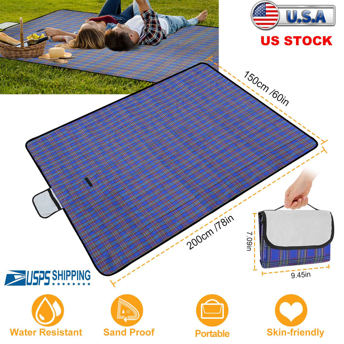 Manta de picnic impermeable de 60" x 78", alfombra plegable para acampar con correa, ideal para camping, senderismo, césped y viajes