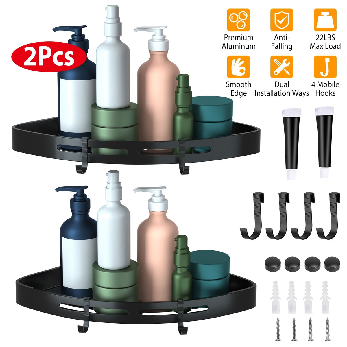 2Pcs Corner Shower Caddy Shelf Adhesive Bathroom Wall Mounted Storage Racks Aluminum Organizers For Bathroom Toilet Kitchen Dorm