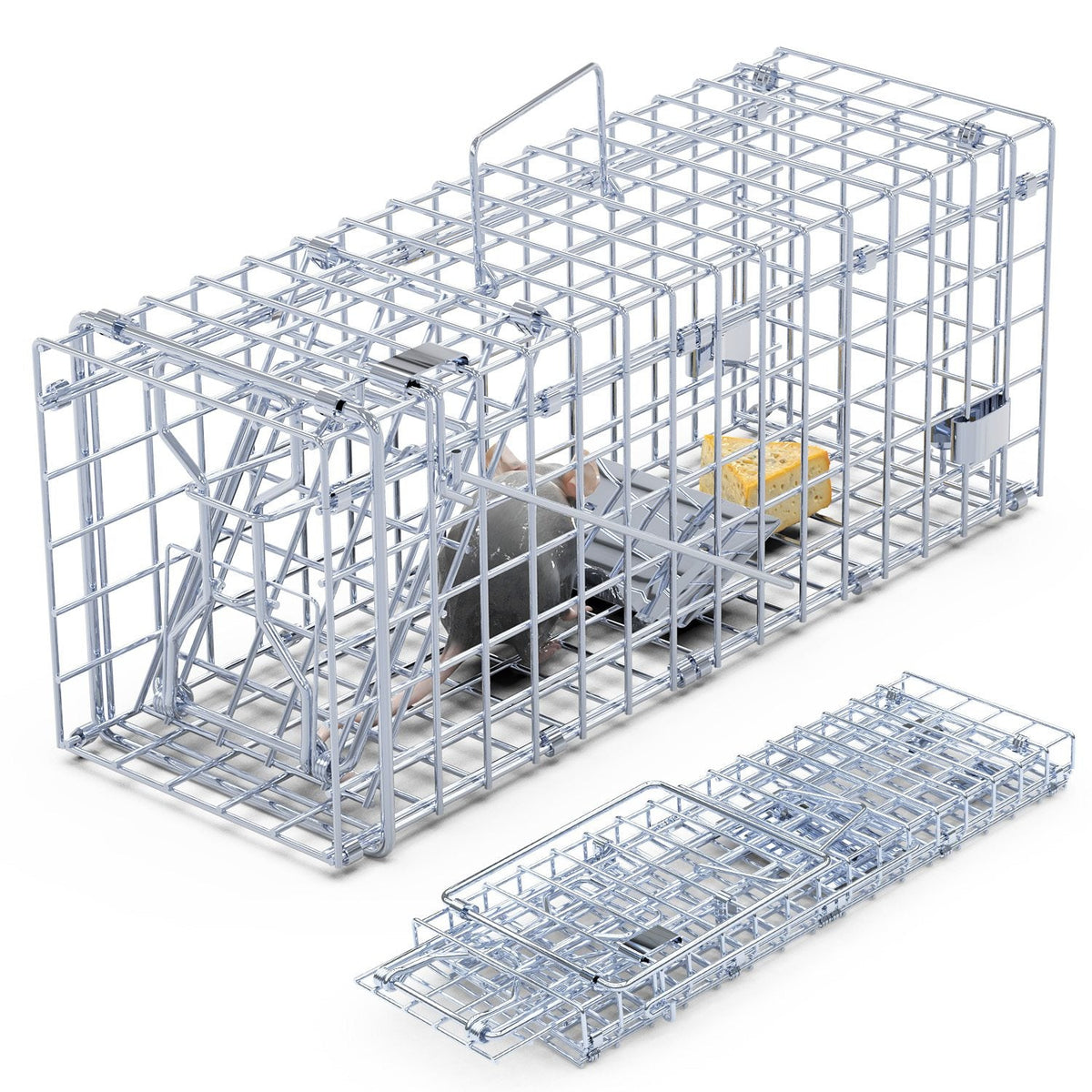 2Pcs Foldable Rat Trap Cage Humane Live Rodent Trap Cage Galvanized Iron Mice Mouse Control Bait Catch with Detachable L Shaped Rod For Kitchen Garden