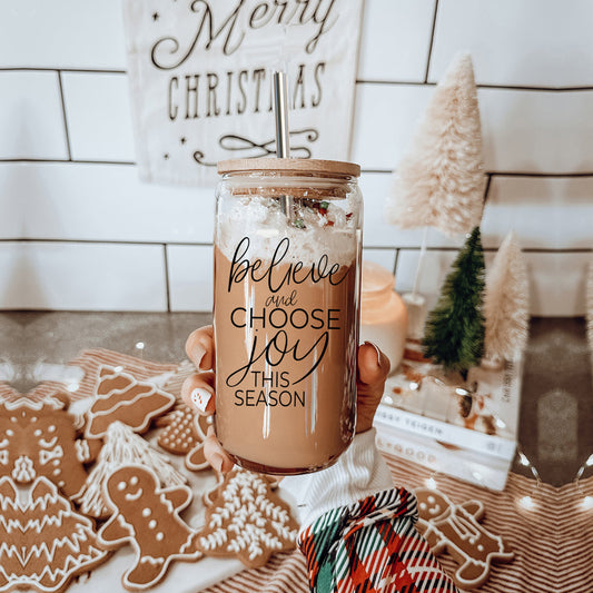 17oz Glass Tumbler With Bamboo Lid, 2 Steel Straws And Cleaner - Believe Joy