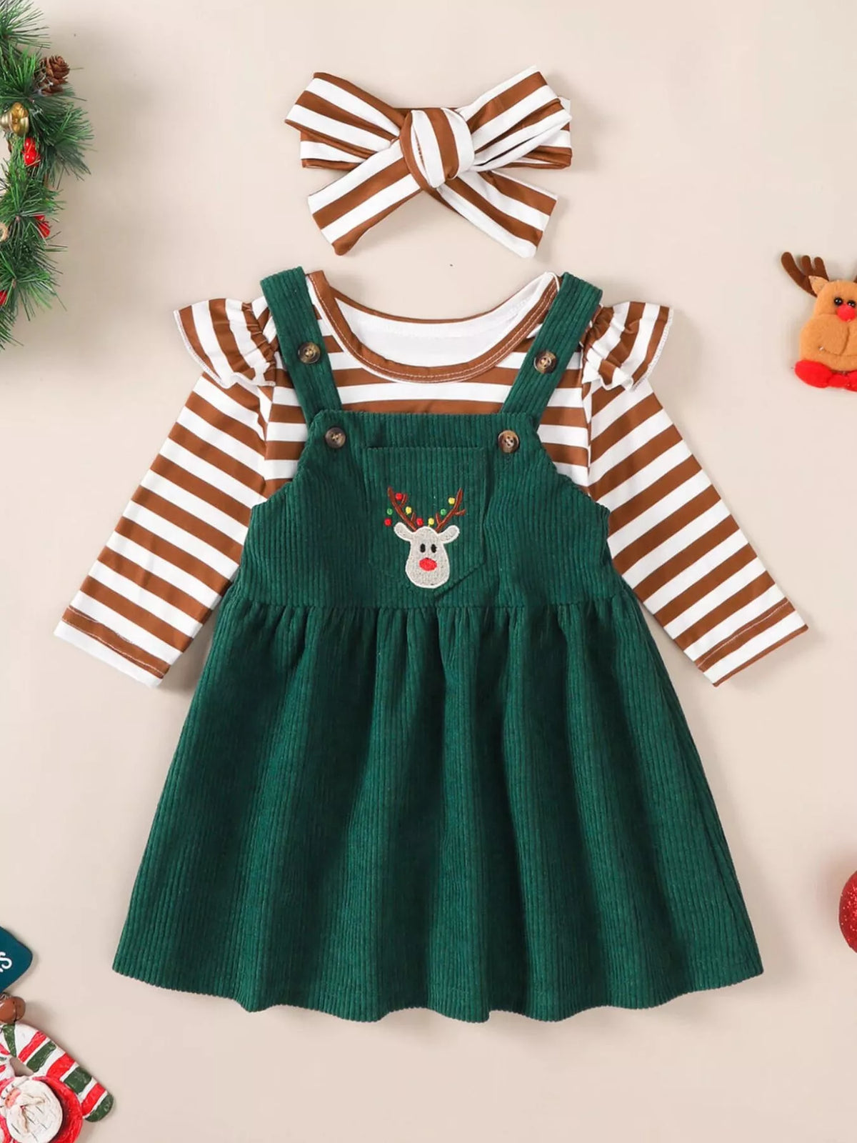 Children's Christmas Bodysuit and Overall Dress Set with Headband