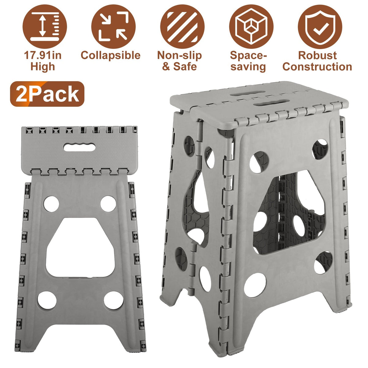 2 Pack 17.91In High Step Stool Folding Stepping Stool Lightweight Plastic Step Stool with Handle Non-slip for Kitchen Bathroom