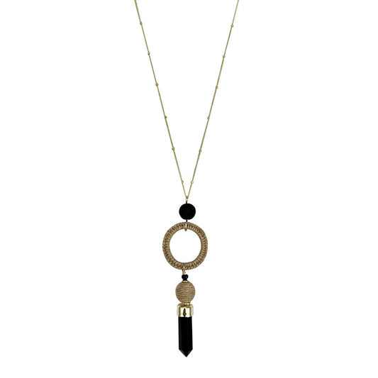 Black Agate Jute Necklace Polished Stone Pendant With Jute Halo Boho Layering Necklace