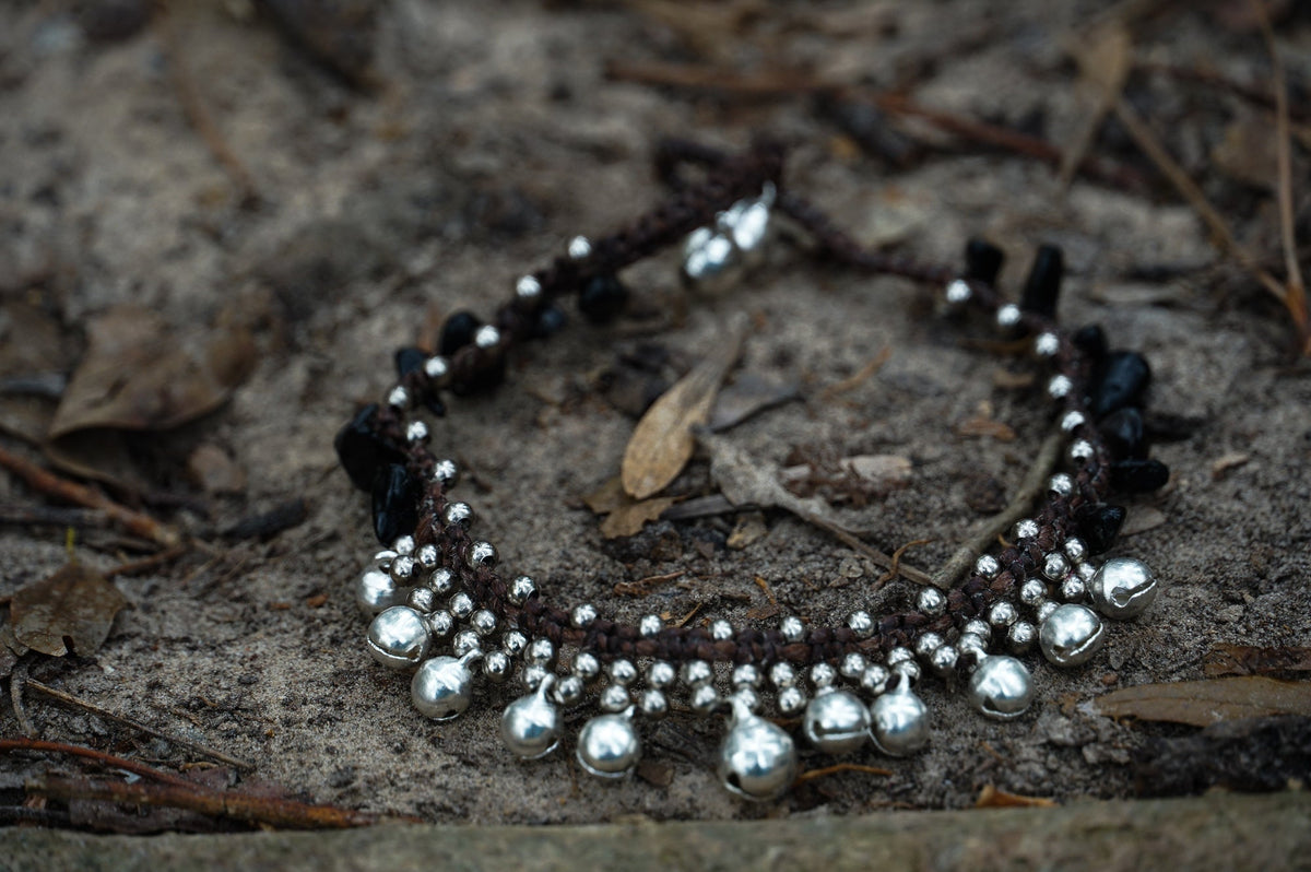 Black Beaded Boho Anklet With Silver Bells And Charms