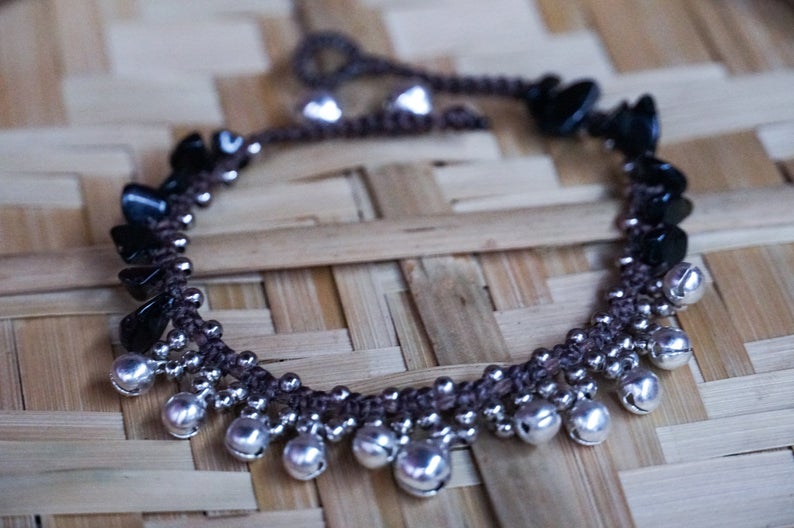 Black Beaded Boho Anklet With Silver Bells And Charms