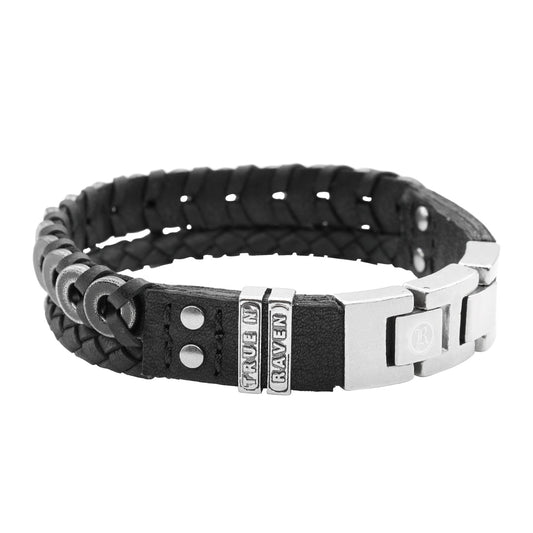 Black Braided Leather Men Bracelet With Faded Steel Clasp