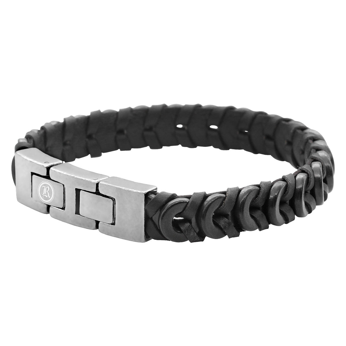 Black Braided Leather Steel Bracelet For Men With Clasp