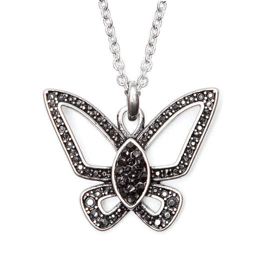Black Butterfly Necklace With Crystal Accent Pendant