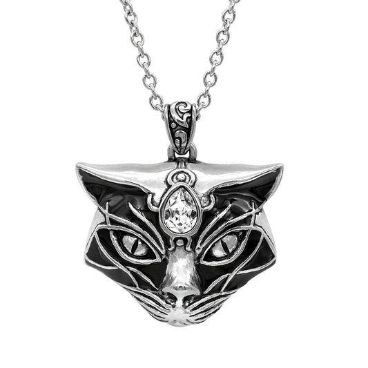 Black Cat Head Pendant Necklace Gothic Silver Alloy
