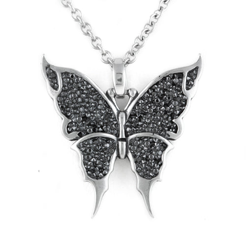 Black Crystal Butterfly Pendant Necklace Silver Chain