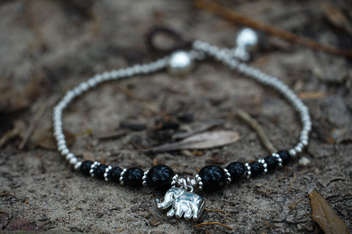 Black Elephant Silver Beaded Boho Charm Anklet For Women