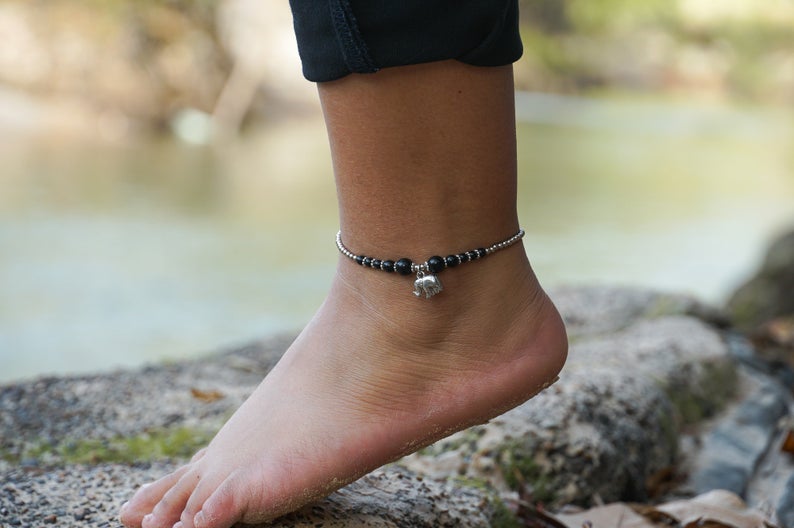 Black Elephant Silver Beaded Boho Charm Anklet For Women