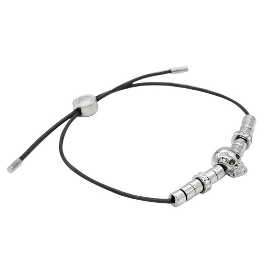 Black Leather Skull Bracelet With Steel Beads Adjustable