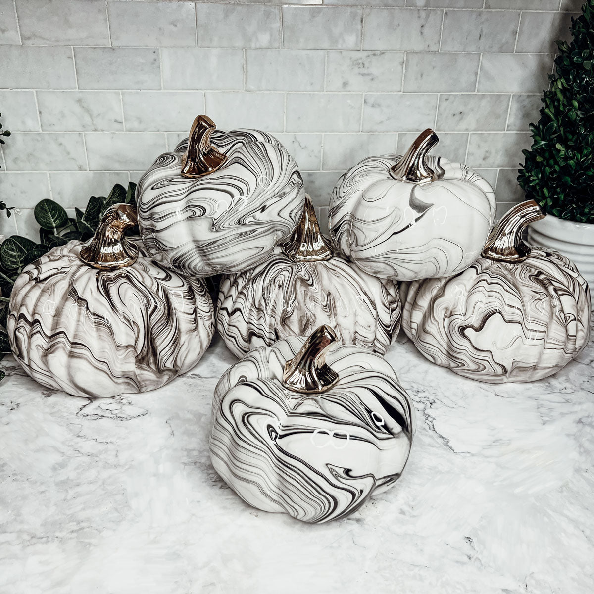 Black Marble Pumpkin Gold Stem Handcrafted Luxury Halloween Decor Accent