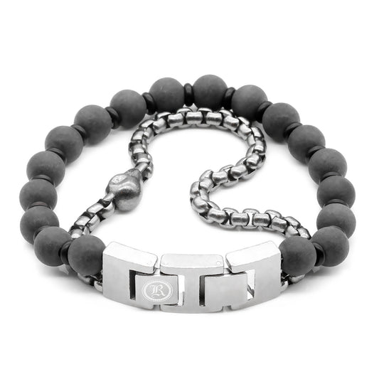 Black Marble Skull Bead Bracelet Stainless Steel Mens